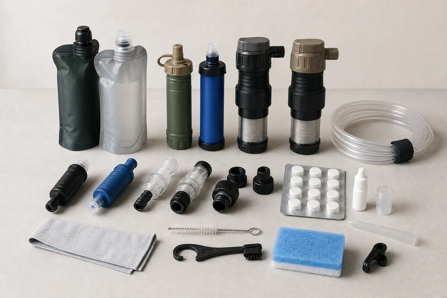 Backpacker's water treatment setup with filters, tablets, and backflush accessories