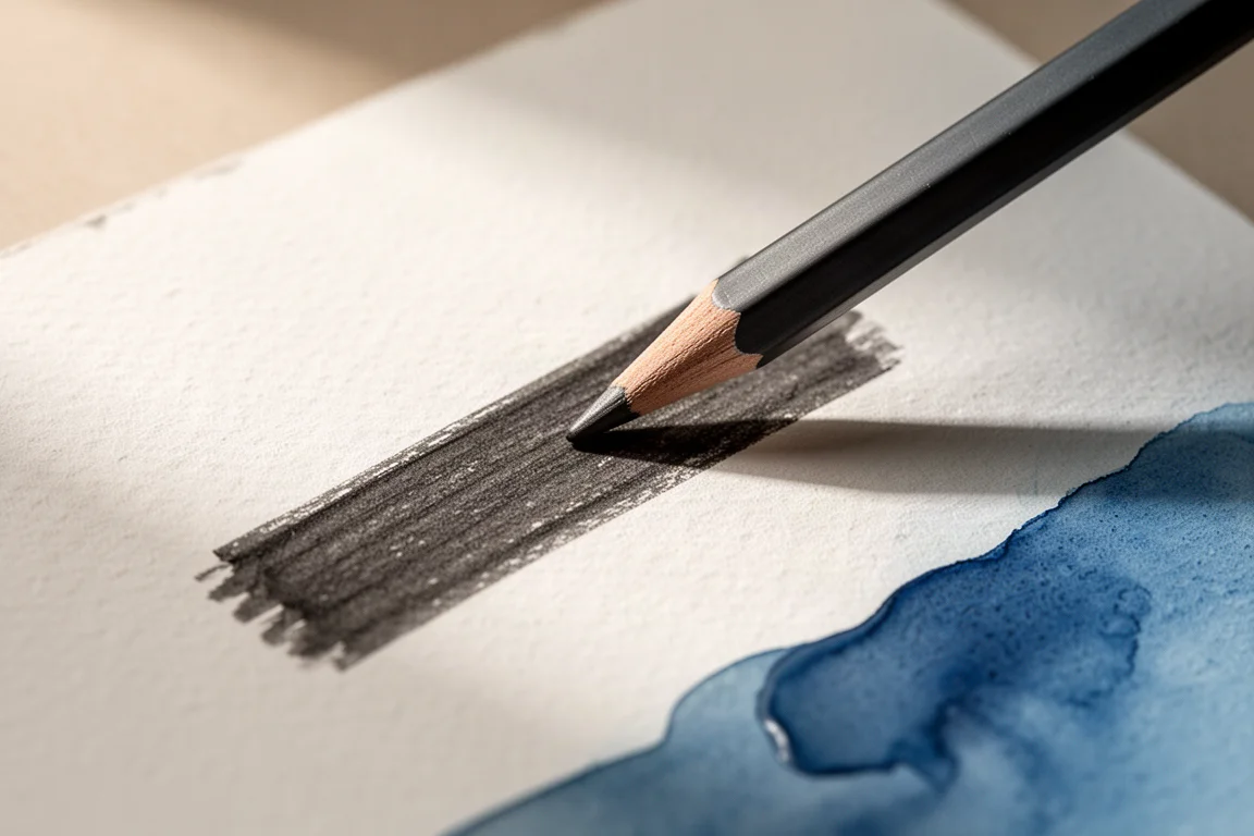 Hände setzen sanfte Graphitstiftstriche auf strukturiertes Aquarellpapier