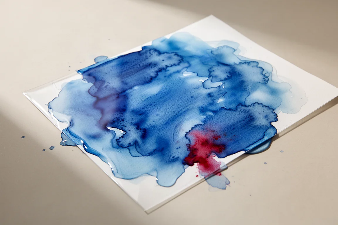 Eine lockere Aquarelllasur blüht auf der nassen Oberfläche eines Synthetikpapiers auf