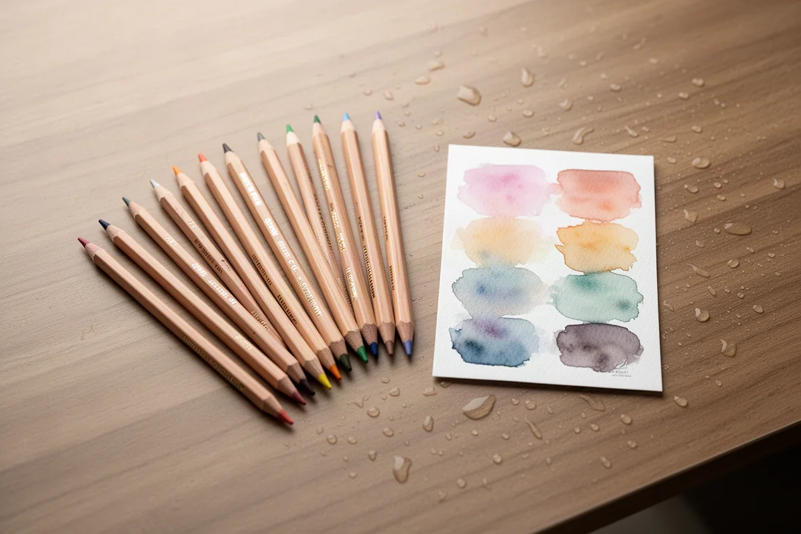 Crayons aquarelle disposés à côté d'une petite surface de mélange avec des échantillons de pigment activé