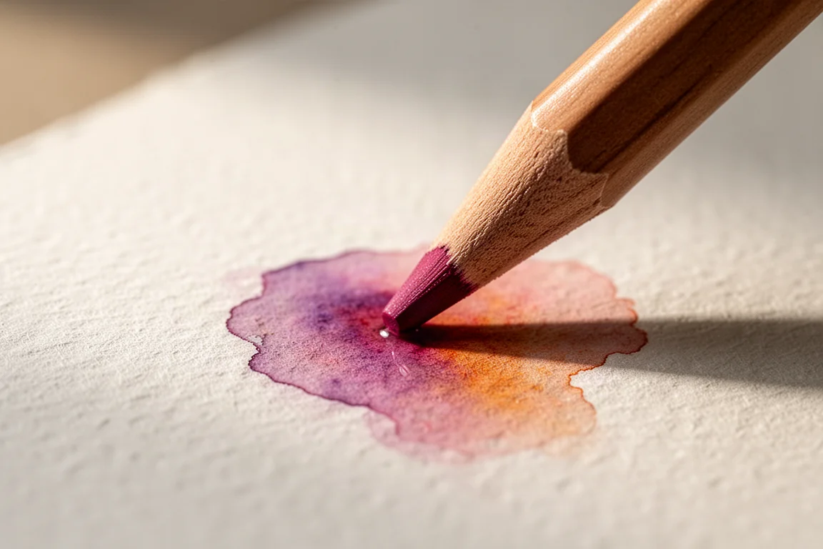 Gros plan sur la pointe d'un crayon aquarelle activée avec un pinceau humide