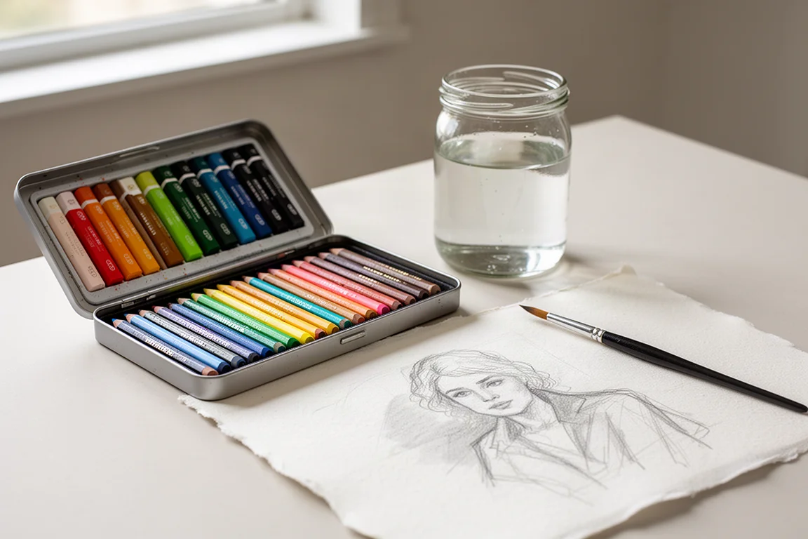 Espace de travail d'un artiste avec crayons aquarelle, pot à pinceaux et papier sur un bureau lumineux