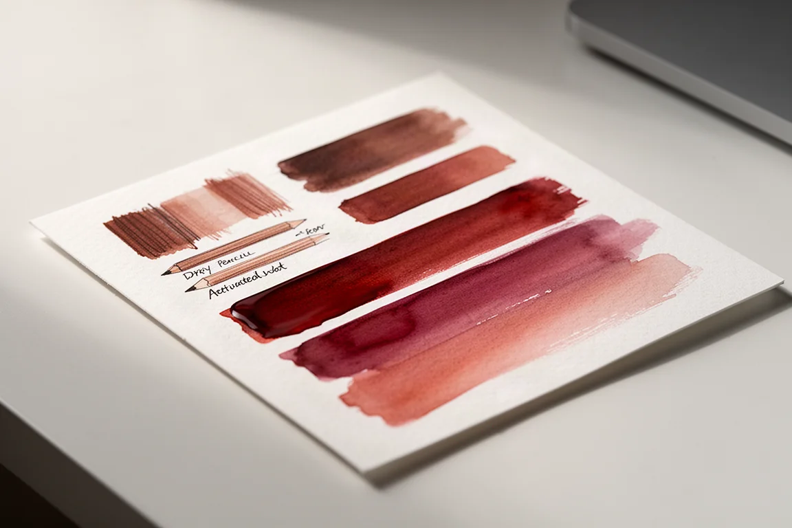 Échantillons de pigment aquarelle sous forme sèche et activée sur papier blanc