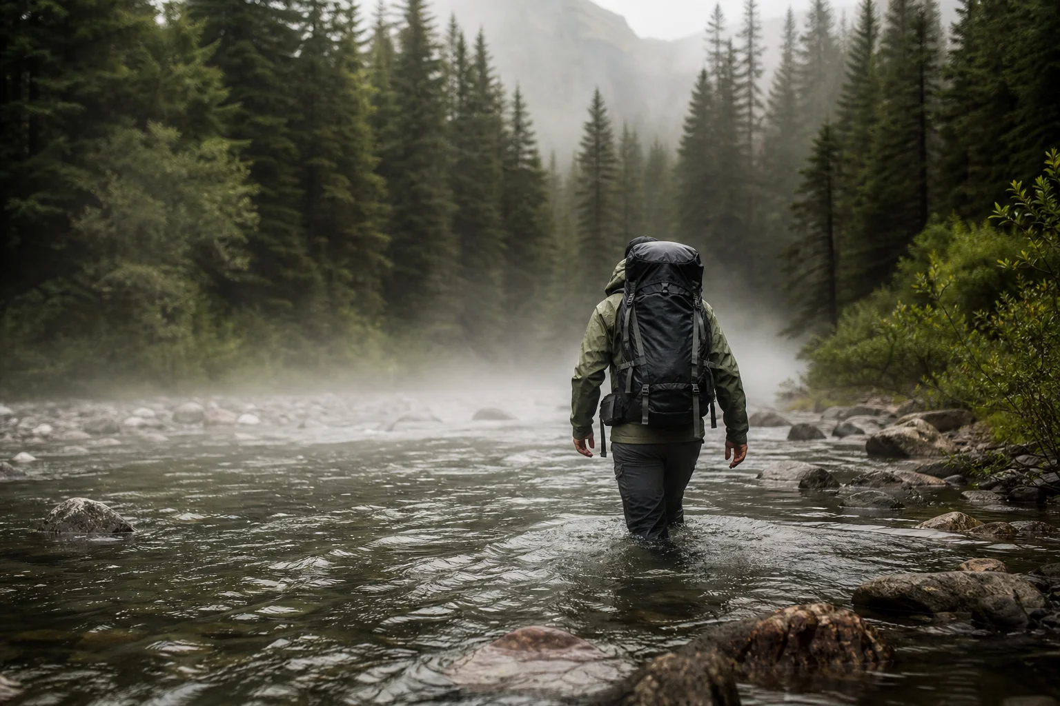 Hiker with waterproof backpack crossing mountain stream in misty forest