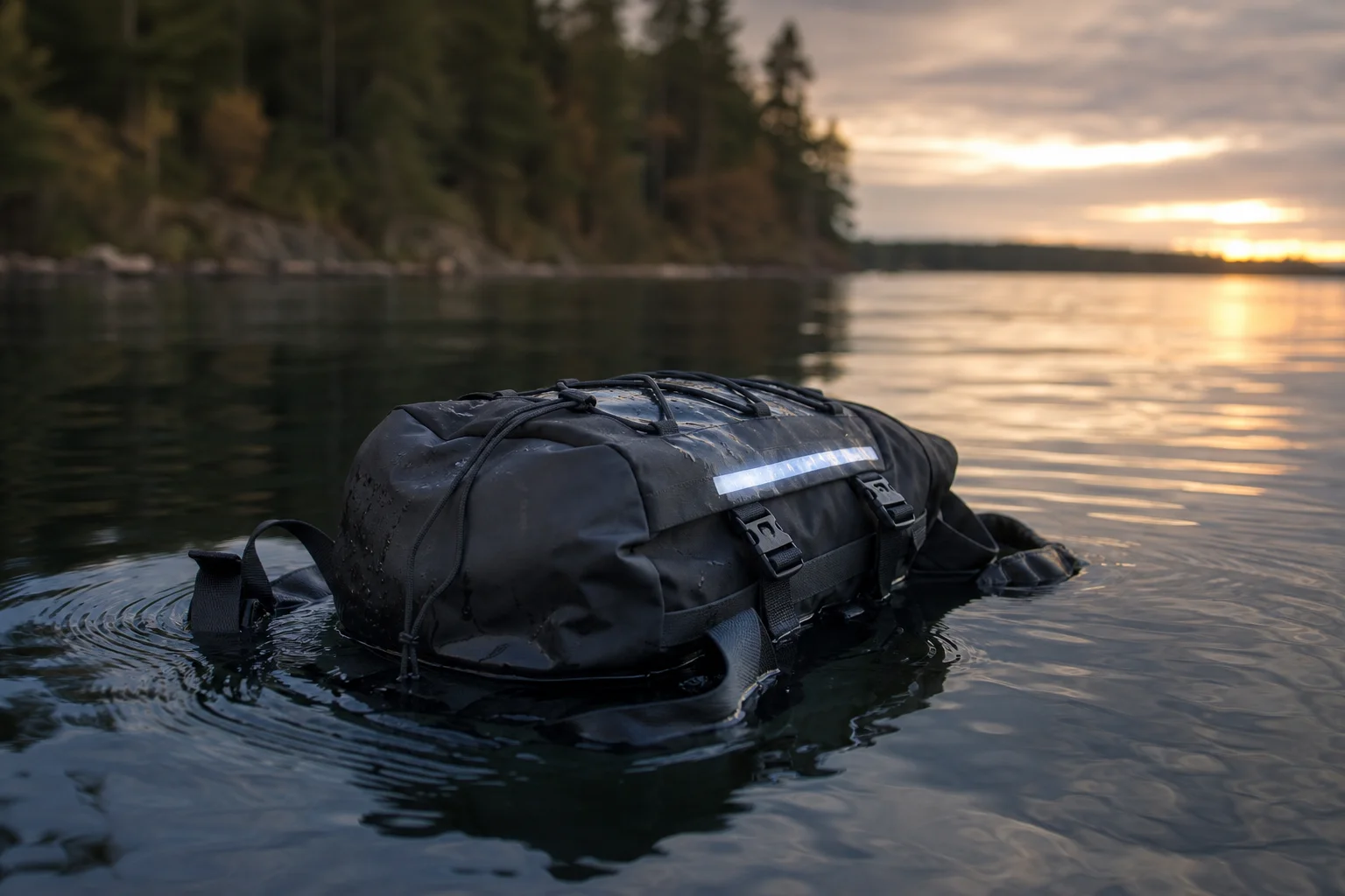 Waterproof backpack floating on calm water with reflective details visible