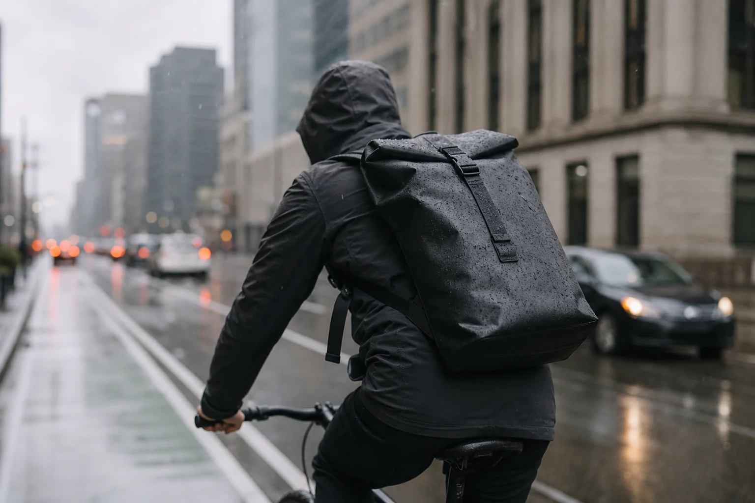 Cyclist with waterproof backpack on urban commute in light rain