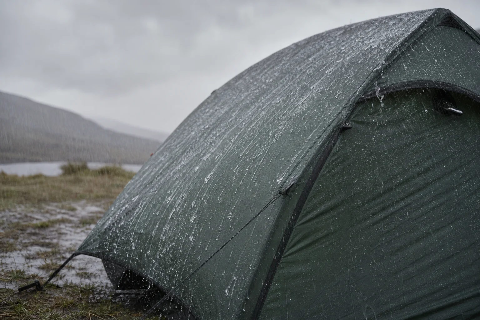 Heavy rain falling on a tent during an outdoor waterproofing test