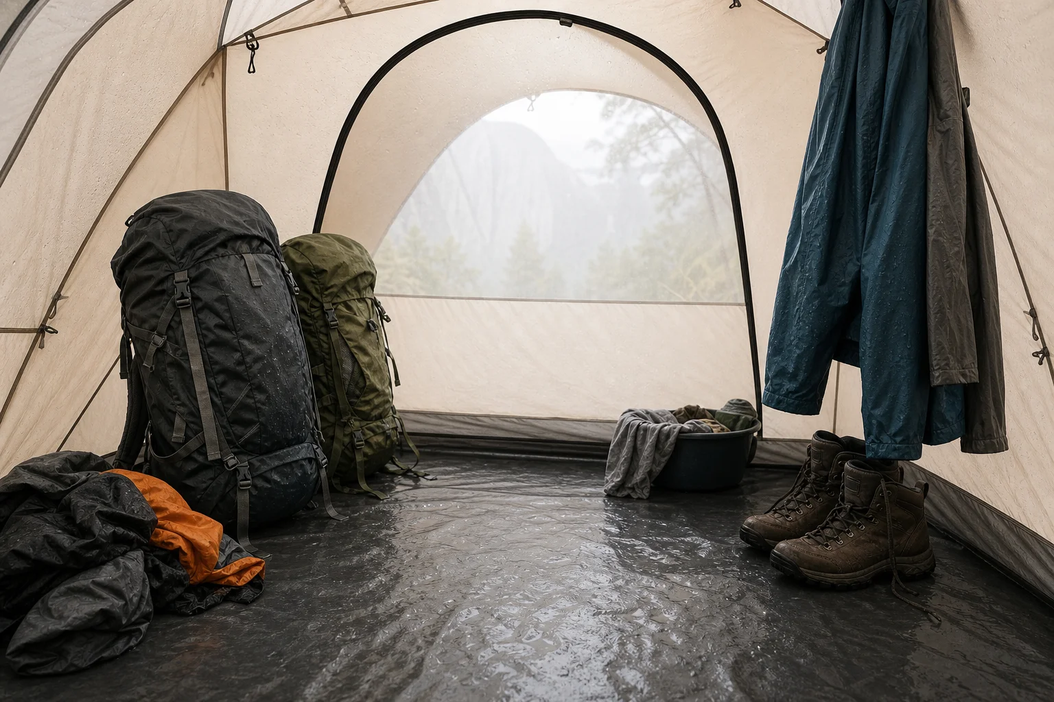Grote koepelgezinstent die in staand water op een overstroomde camping onder bewolkte lucht staat