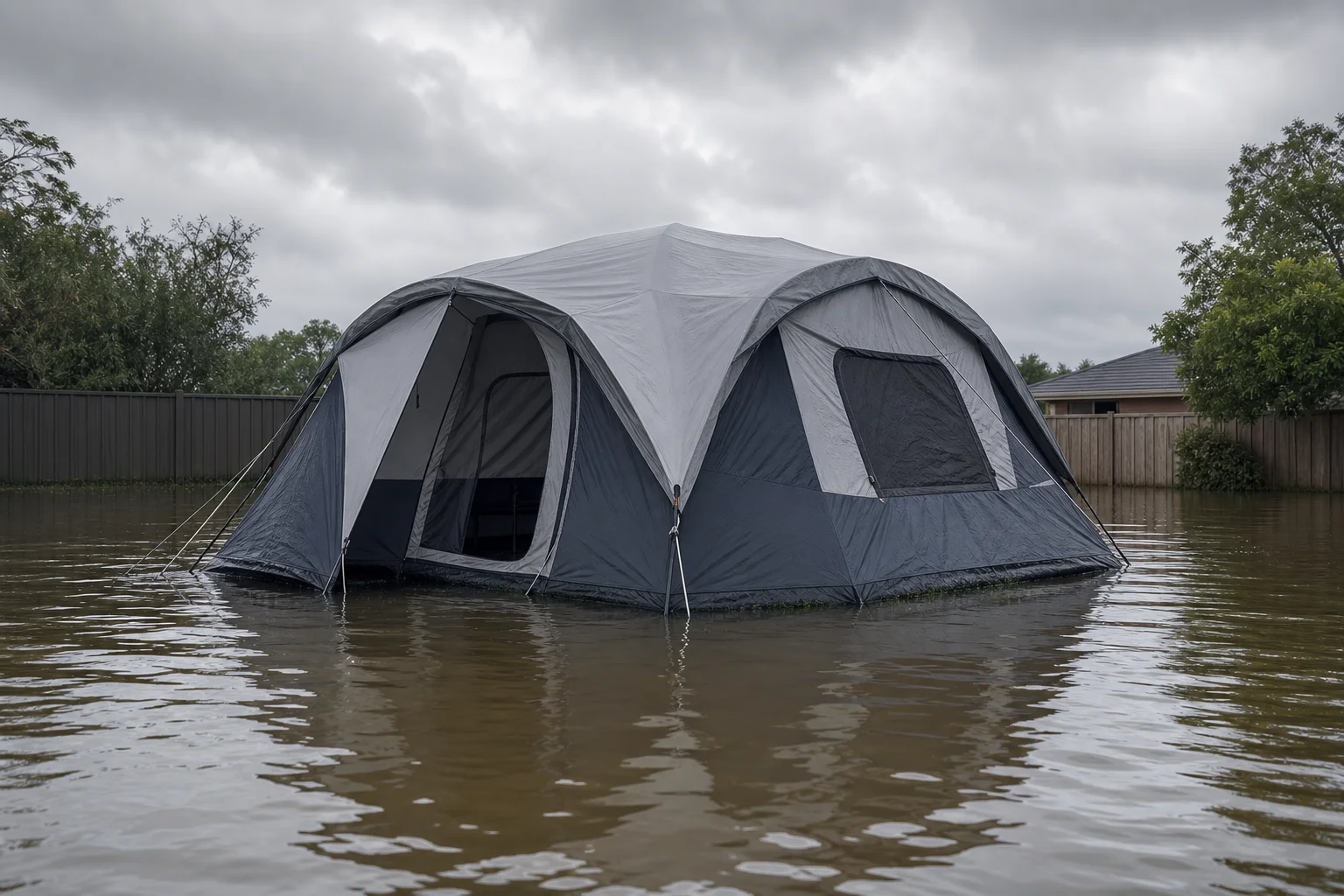 Tent pitched in flooded conditions with water surrounding the base