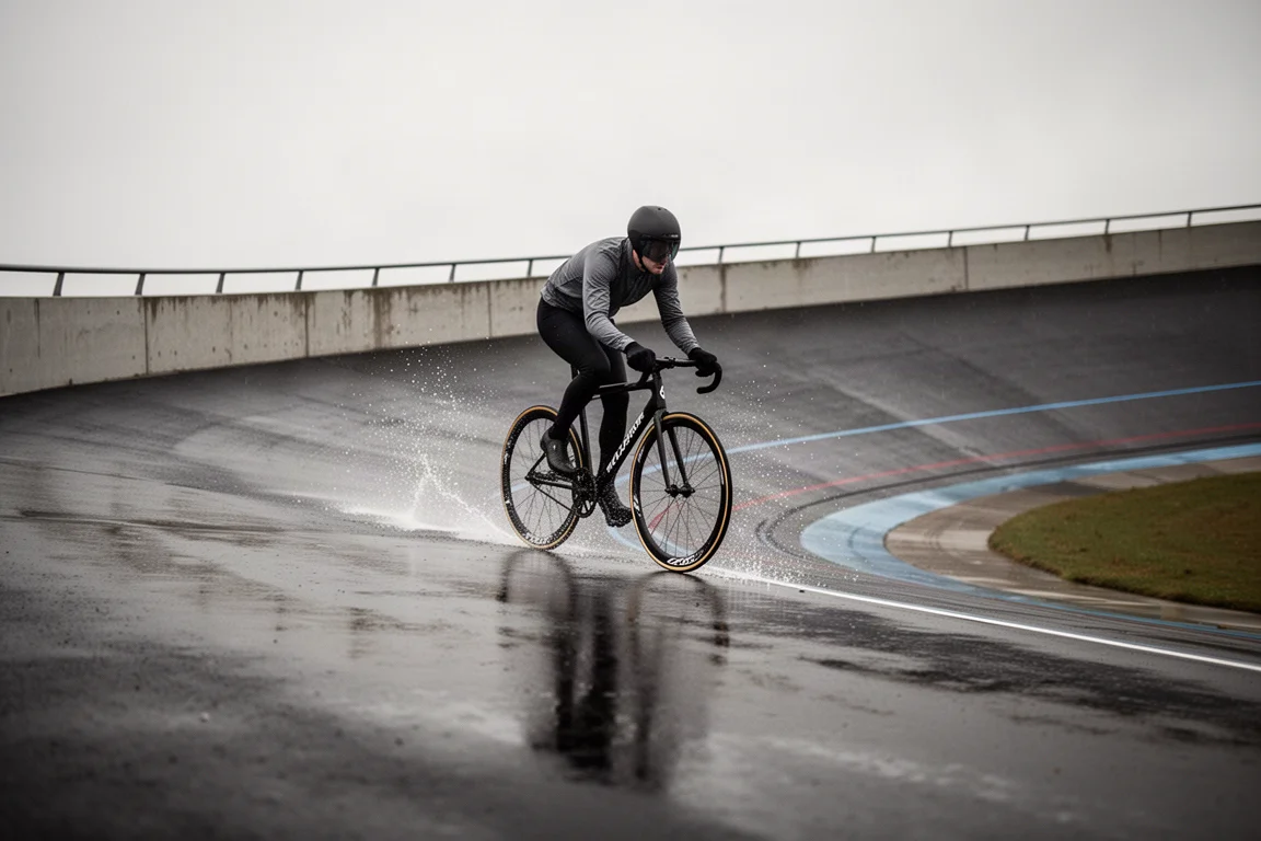 Cycliste roulant sur une piste de vélodrome extérieure mouillée par temps couvert
