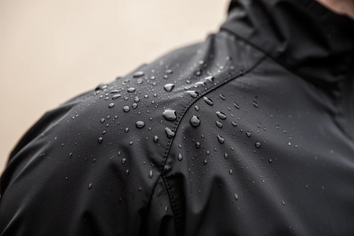 Gouttes d'eau perlant sur la couture d'épaule d'une veste de cyclisme technique noire