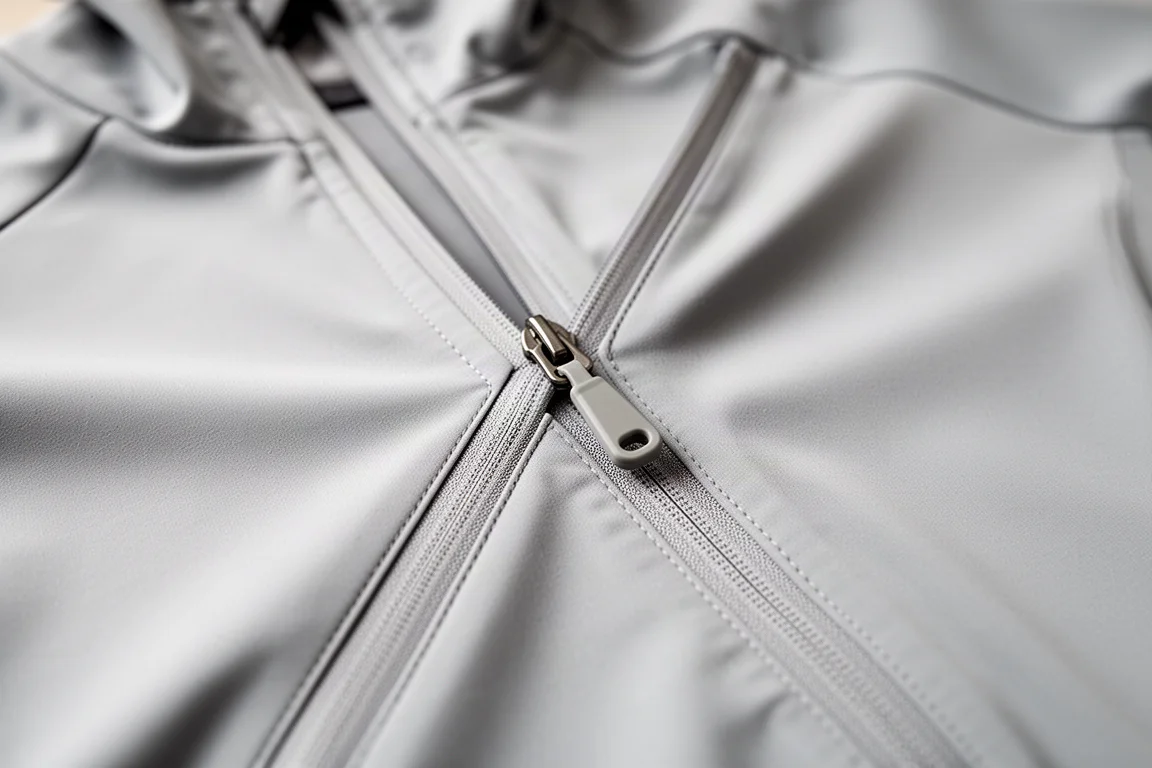 Gros plan sur une fermeture à double sens sur une veste de cyclisme légère gris pâle