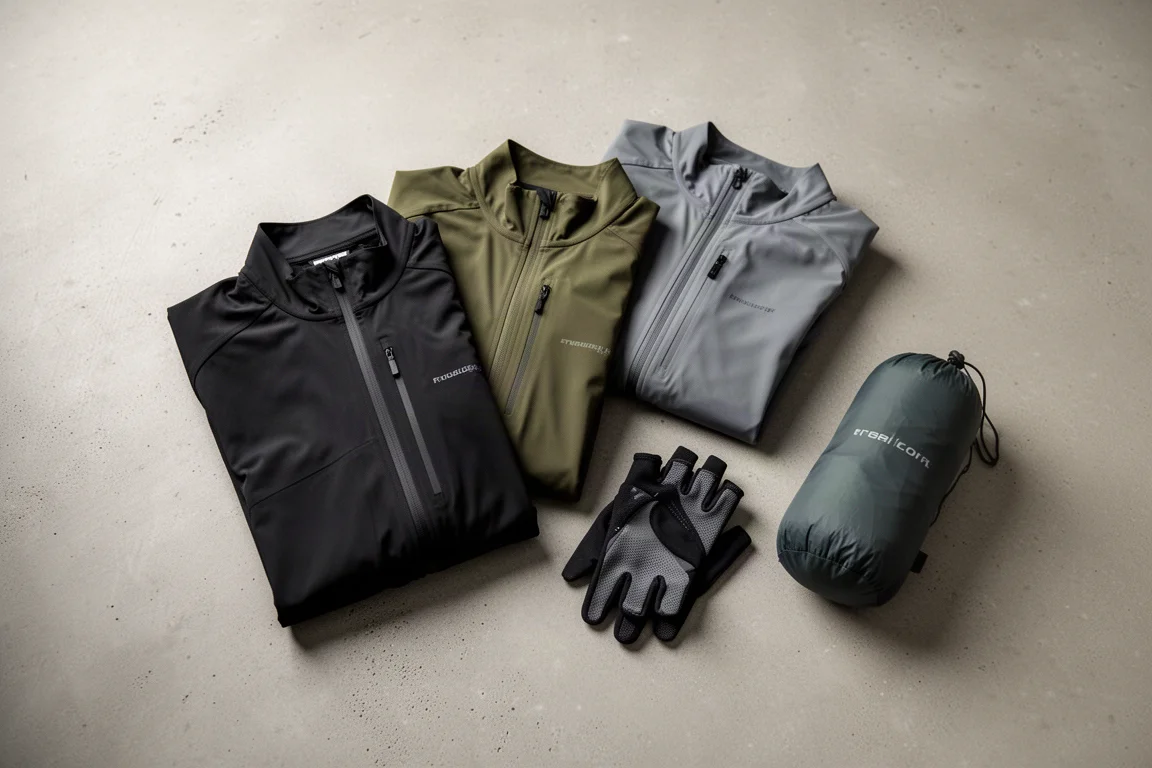 Vestes et gants de cyclisme pliés disposés à plat sur une surface en béton