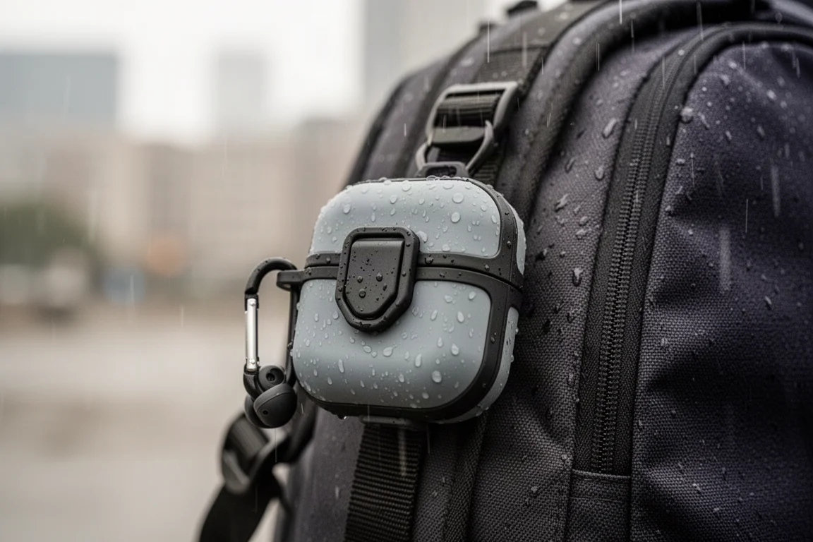 潮濕天氣下,附扣勾的硬殼 AirPods 保護殼扣在背帶上