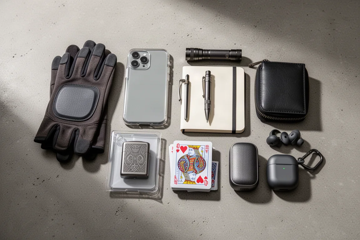 Flat-lay of eleven waterproof everyday carry accessories on a concrete surface