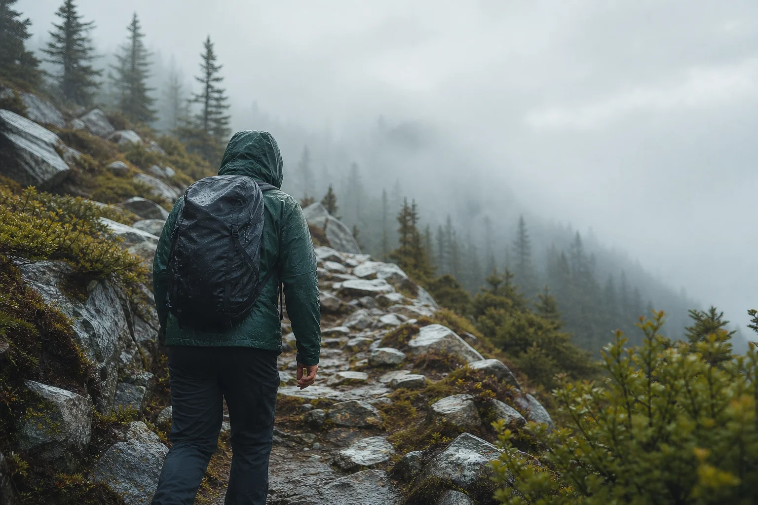 Excursionista con chaqueta impermeable en un sendero de montaña brumoso con lluvia y niebla