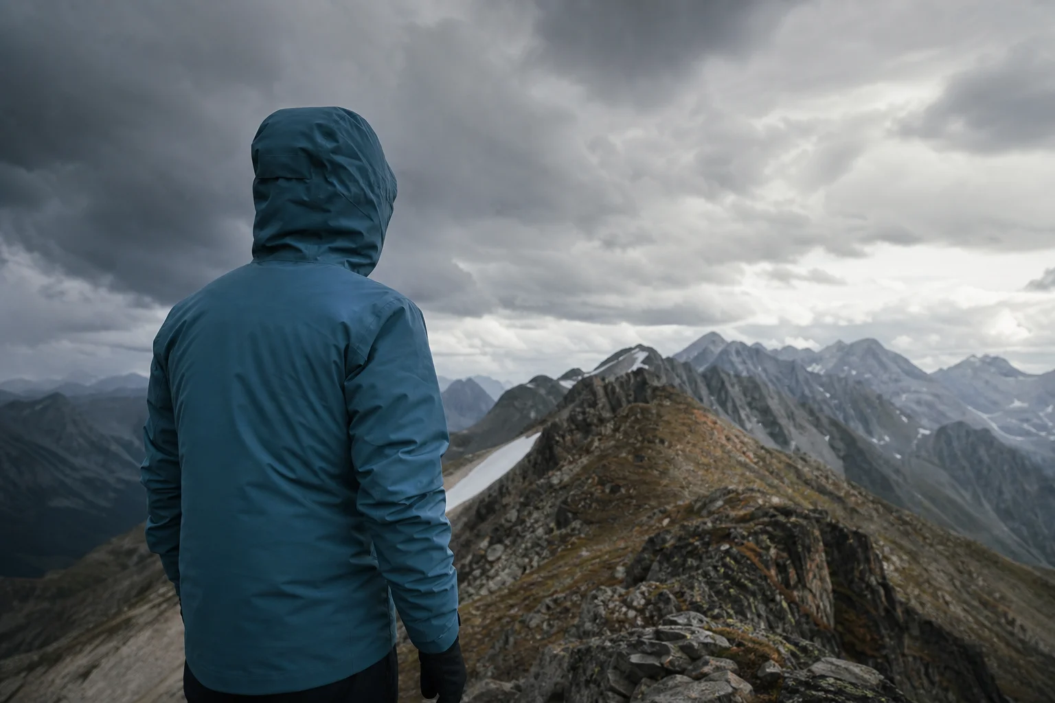 Montañista con una capa impermeable premium en una cresta alpina con nubes de tormenta