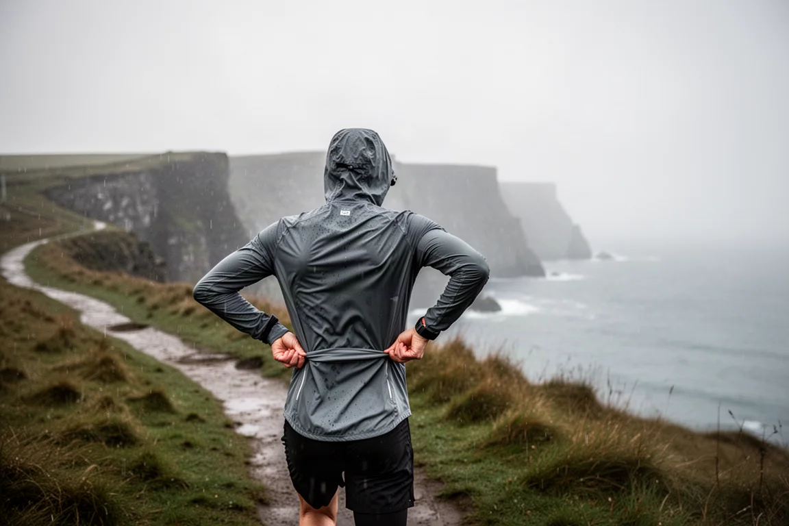 Runner che indossa una giacca impermeabile aderente su un sentiero costiero sotto la pioggia