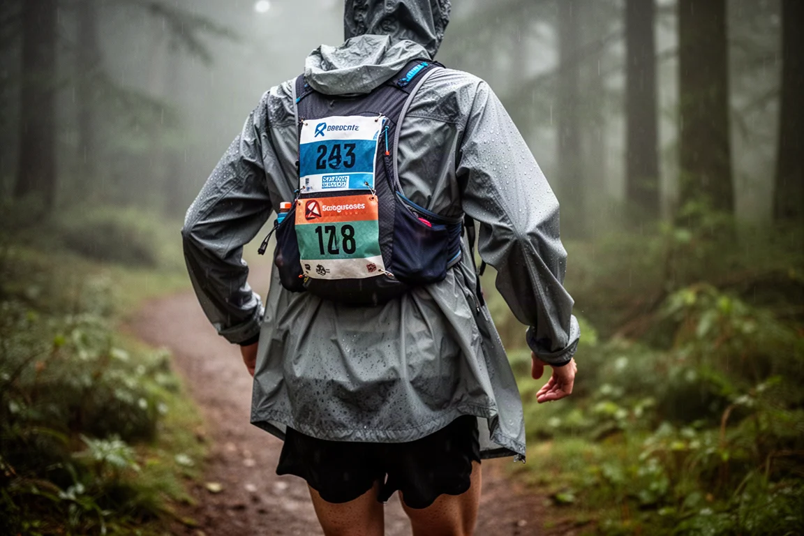 Giacca impermeabile indossata sopra un zaino da gara per trail running con tempo umido