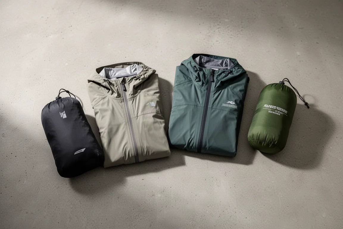 Four lightweight running waterproof jackets arranged on a concrete surface