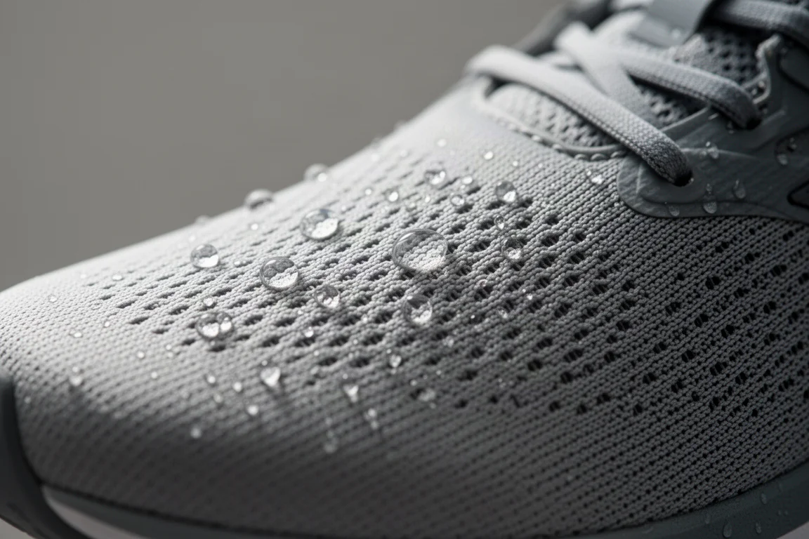Gotas de agua en forma de cuentas sobre la malla superior resistente al agua de una zapatilla de running