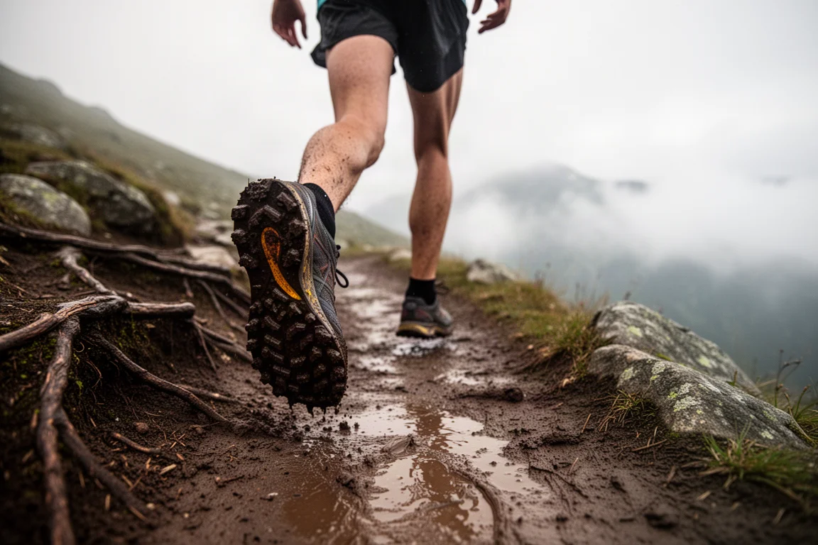 Trail runner recorriendo un sendero de montaña embarrado con zapatillas de trail con tacos en una luz suave