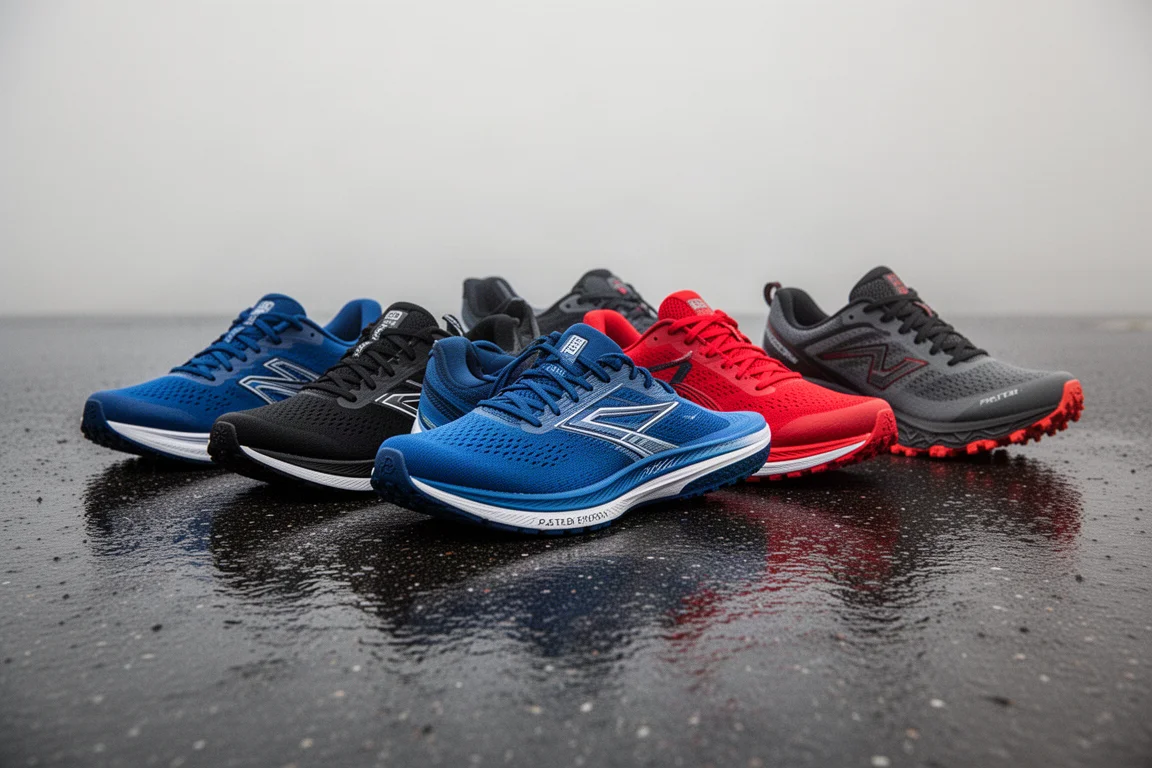 Lineup of seven waterproof running shoes on wet asphalt in morning light