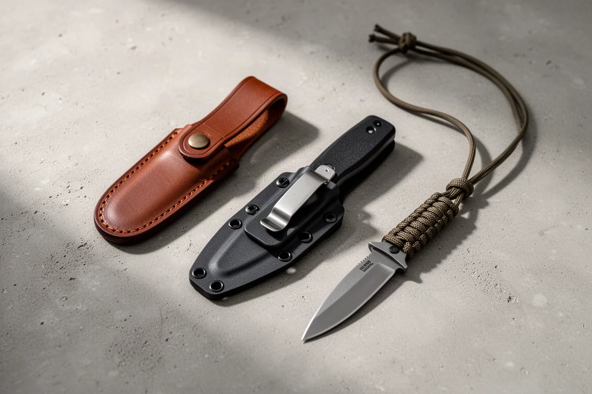 Fixed blade knives in leather, kydex, and neck carry setups arranged on concrete