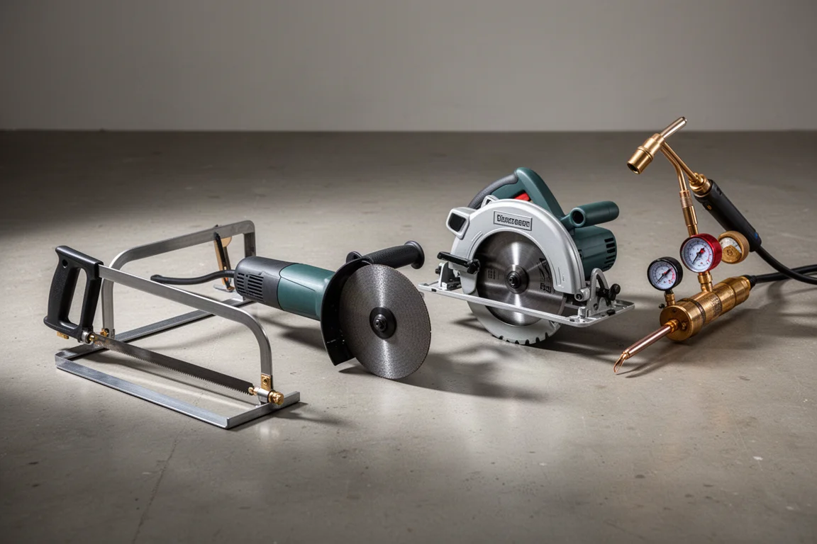 Row of metal-cutting shop tools including a hacksaw, angle grinder, circular saw, and cutting torch on concrete