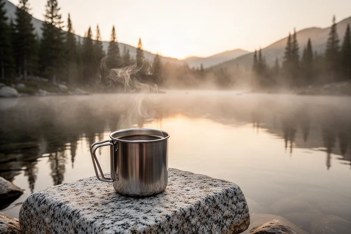 Ångande campingmugg med kaffe på en sten vid en alpinsjö i soluppgången