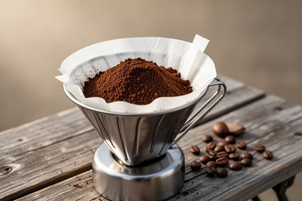 Kaffesump på ett pappersfilter i en metalltratt för pour over på ett träbord