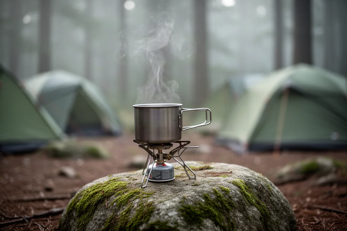 Campingkök med en metallkastrull på en mossig sten vid en skogscampingplats