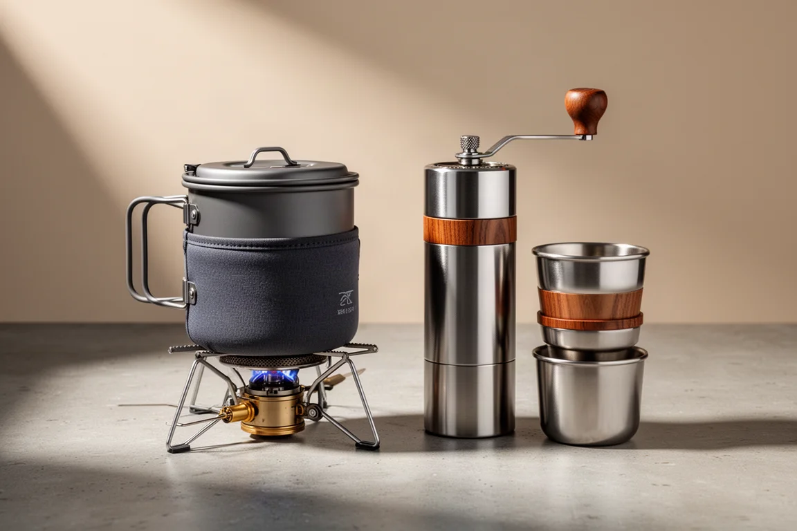 Compact camping stove and modular pour over coffee kit side by side on concrete