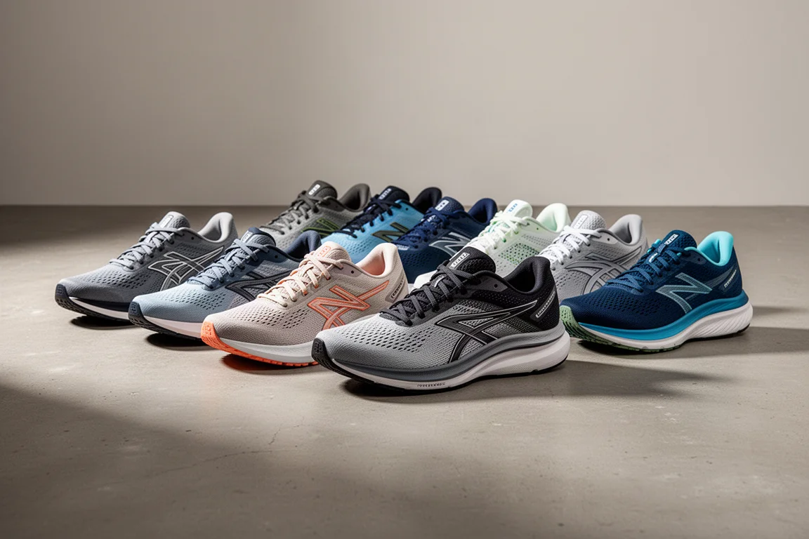 Ten discounted running shoes arranged in a row on a concrete surface