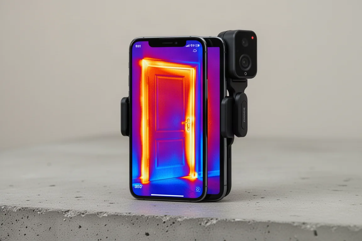 En smartphone med en kompakt termisk kamera som visar en värmekarta