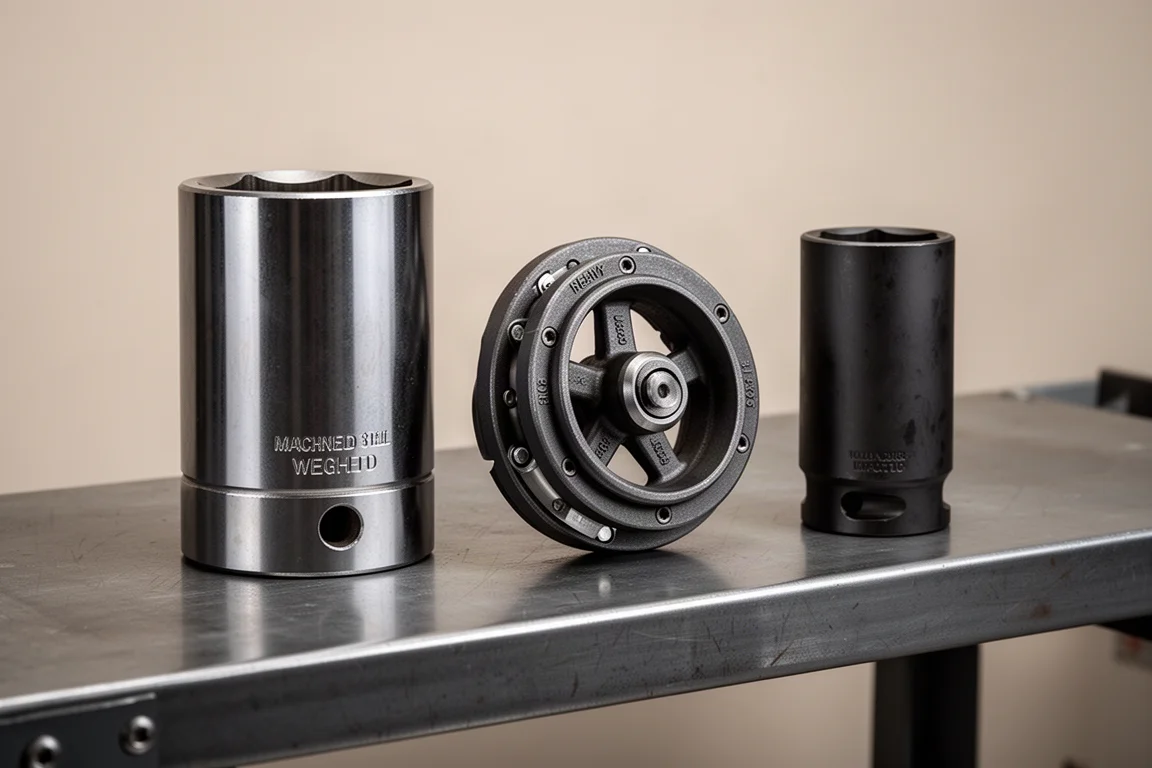 Three weighted impact sockets of different designs on a steel workbench
