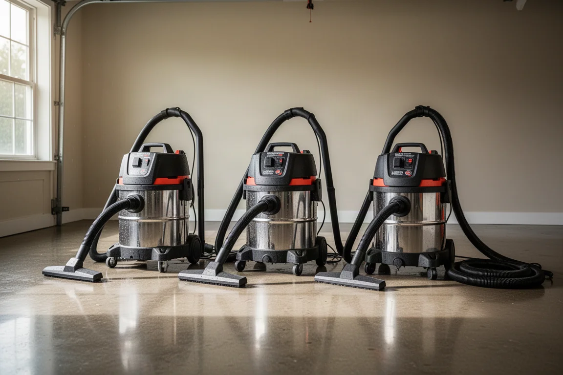 Three shop vacuums lined up on a garage floor with hoses and accessories