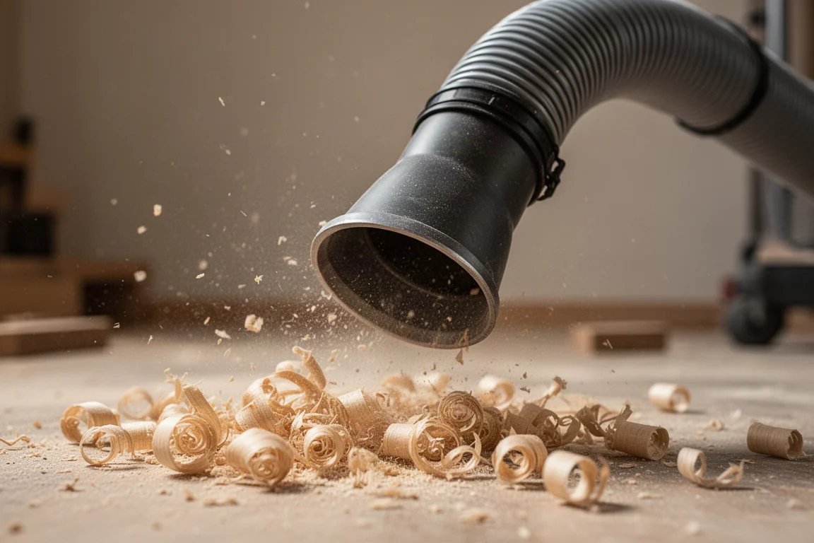 Close-up of a vacuum hose picking up wood shavings from a workshop floor