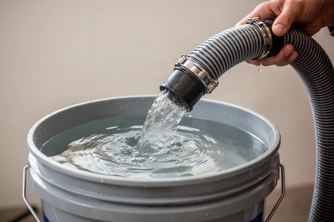Water being sucked up from a bucket through a vacuum hose