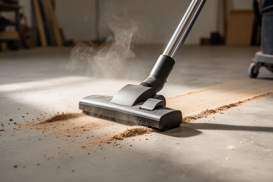 Fine sawdust being vacuumed from a concrete workshop floor