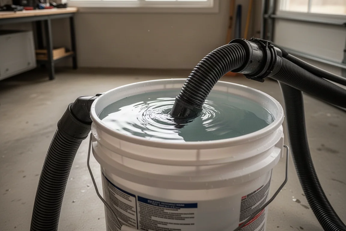 Schlauch eines Nass-/Trockensaugers saugt Wasser von einem Betonboden in der Werkstatt