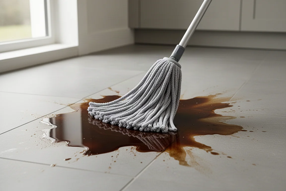 A coffee spill being cleaned on a kitchen tile floor