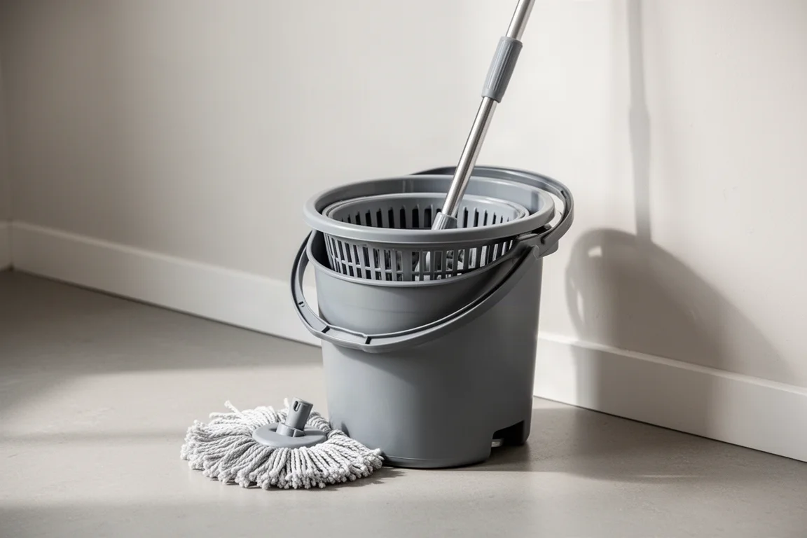 Spin mop bucket with foot pedal on a clean kitchen floor