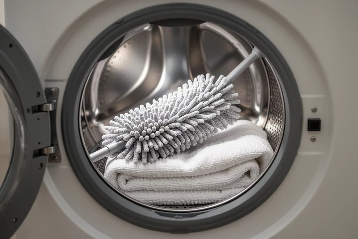 A mop head being washed in a washing machine drum