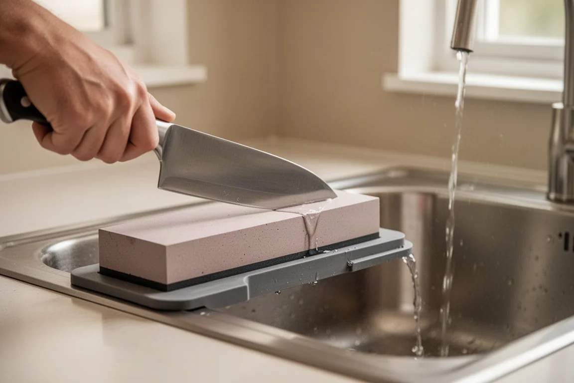 Un cuoco casalingo affila un coltello da cucina su una pietra da affilo sopra un lavandino