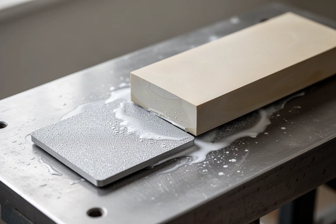 Placca diamantata di livellamento usata per livellare una pietra da affilo su una superficie di lavoro