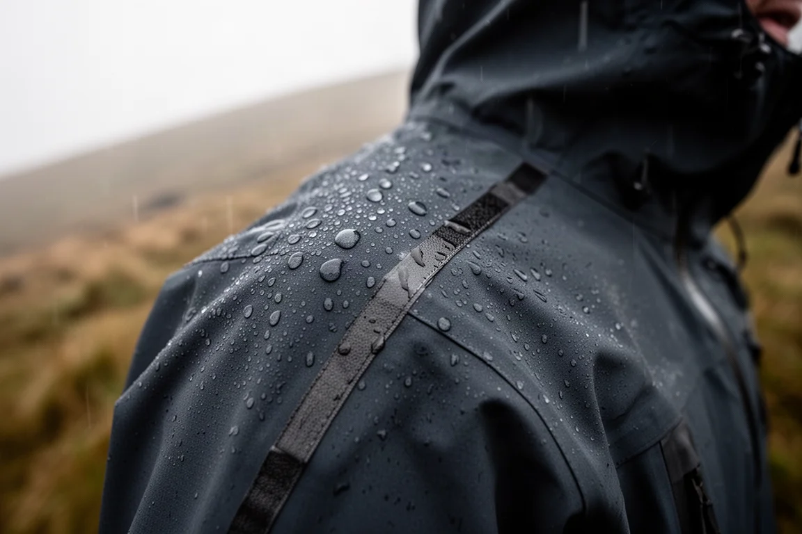 Gotas de lluvia sobre el hombro de una chaqueta impermeable de senderismo oscura