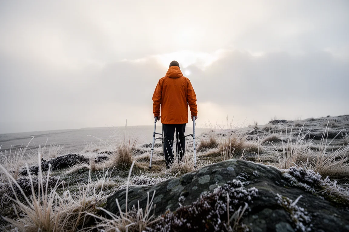 Caminante con una chaqueta impermeable naranja cálida en una cresta de páramo invernal cubierta de escarcha