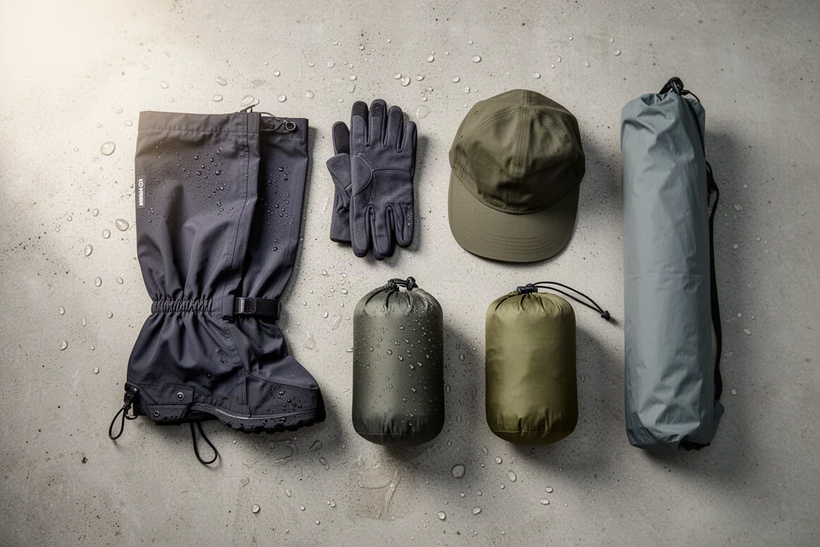 Vista cenital de polainas, guantes, una bolsa estanca, una gorra y una chaqueta impermeable enrollada