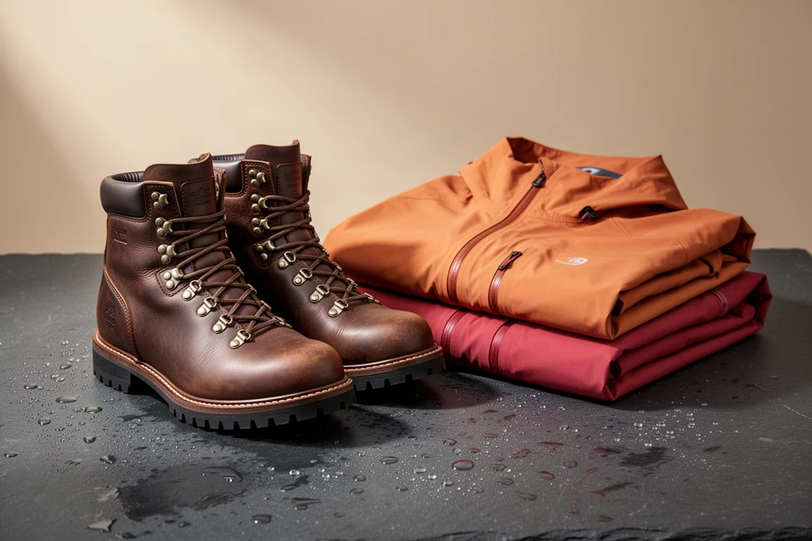 Leather hiking boots beside folded orange and red waterproof shell jackets on slate